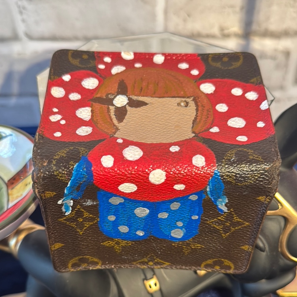 Louis Vuitton Tan Leather Card Holder Upcycled w/ hand painted Vivienne